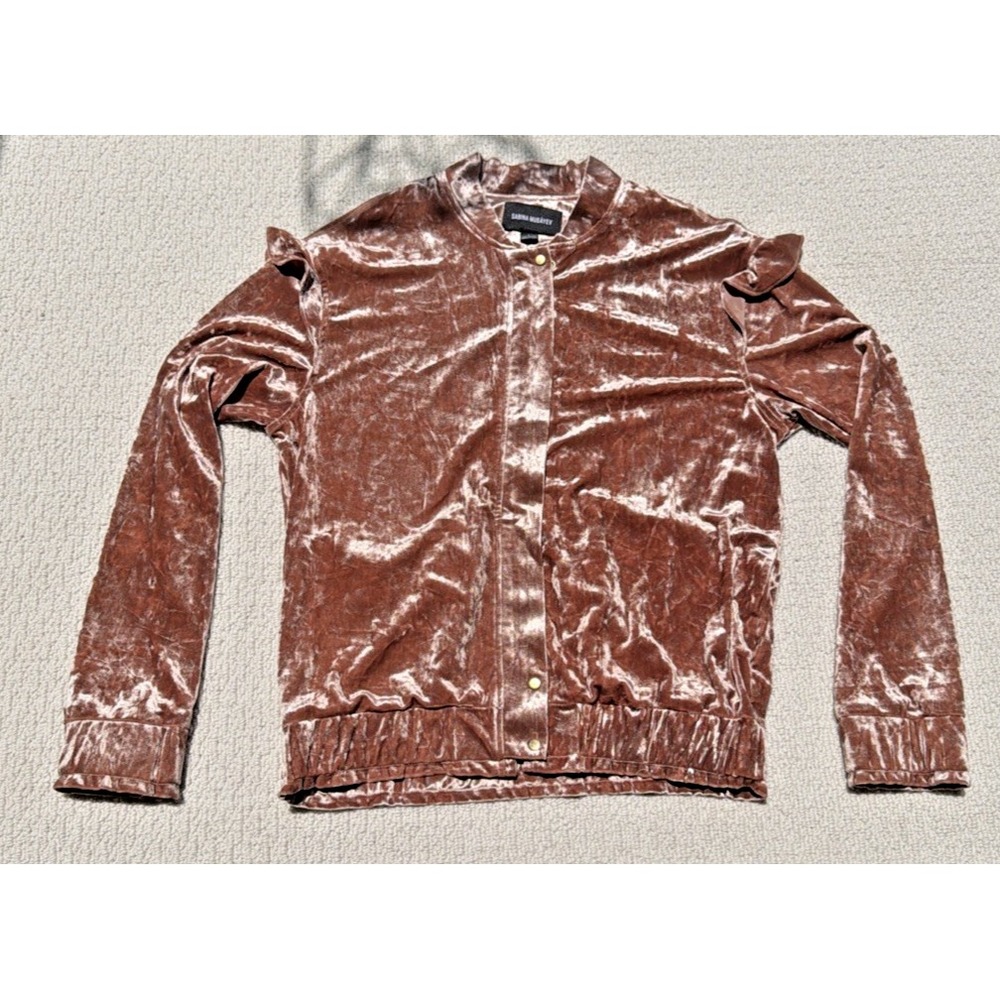 Sabina Musayev Womens L Mauve Crushed Velvet Ruffle Bomber Jacket Boho